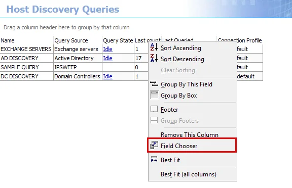 Field Chooser option on context menu