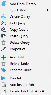 Right-click menu on the Query Selection page