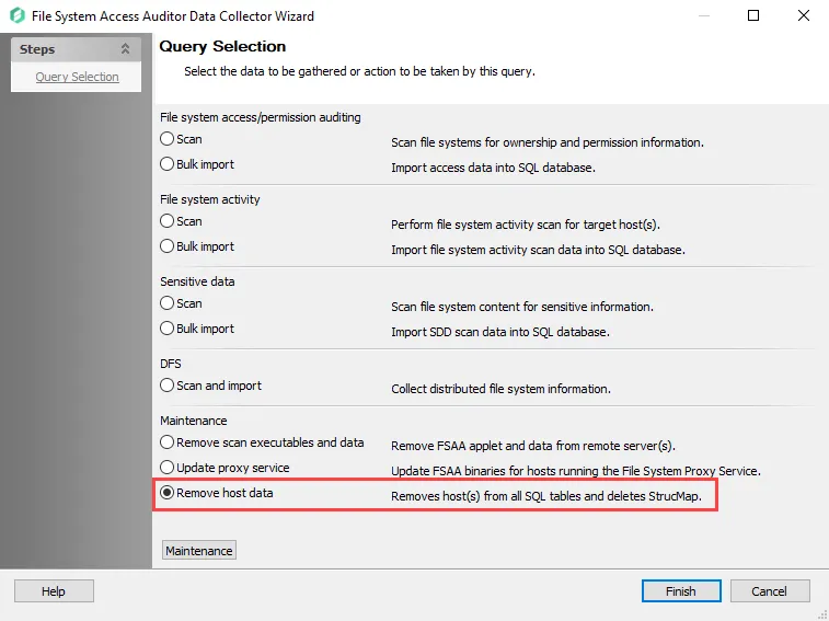 FSAA Data Collector Wizard Query Selection page with Remove host data option selected