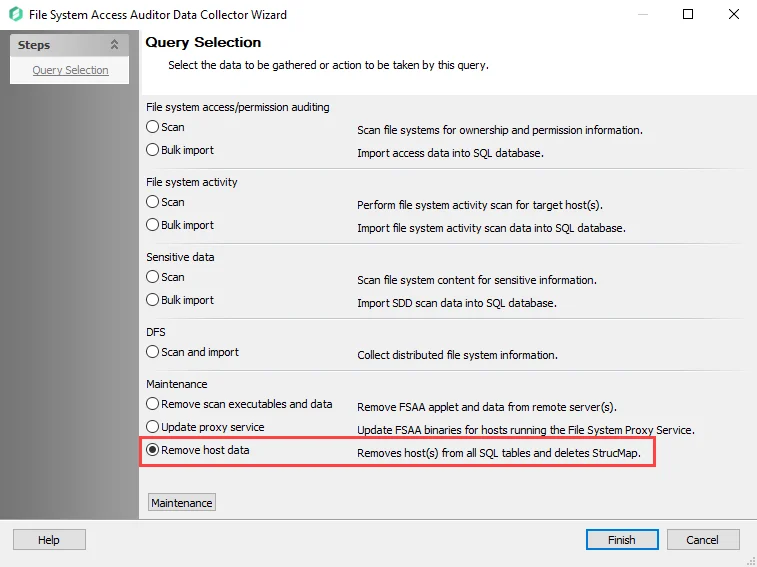 FSAA Data Collector Wizard Query Selection page with Remove host data option selected