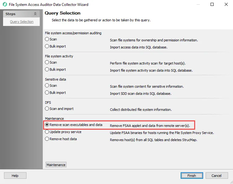FSAA Data Collector Wizard Query Selection page with Remove scan executables and data option selected