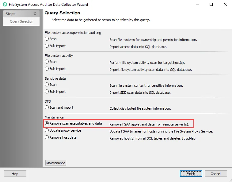 FSAA Data Collector Wizard Query Selection page with Remove scan executables and data option selected