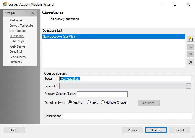 Survey Action Module Wizard Questions page