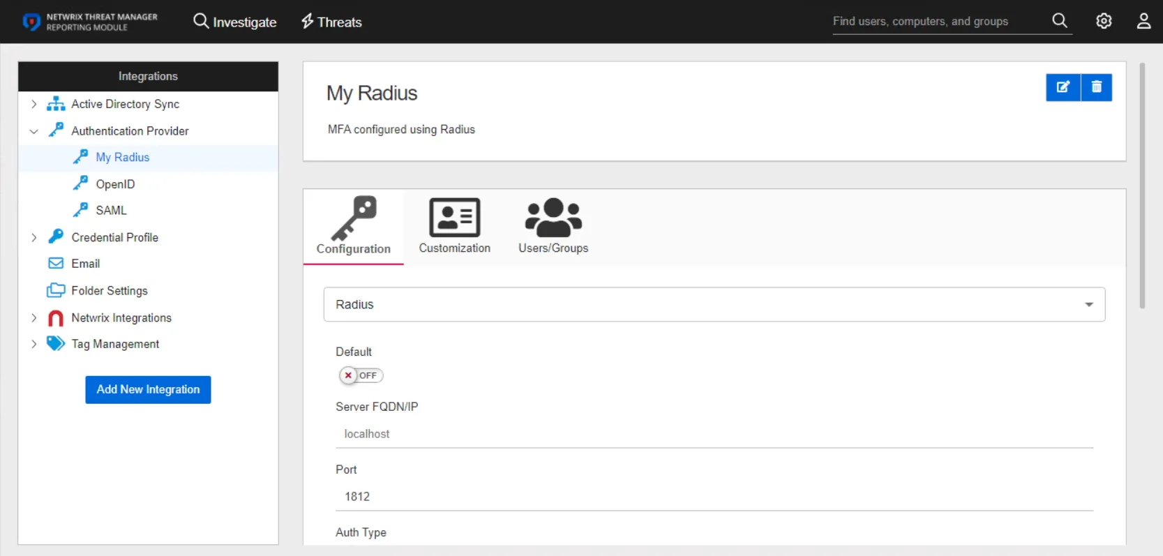 Integrations interface displaying the details for a Radius authneication provider