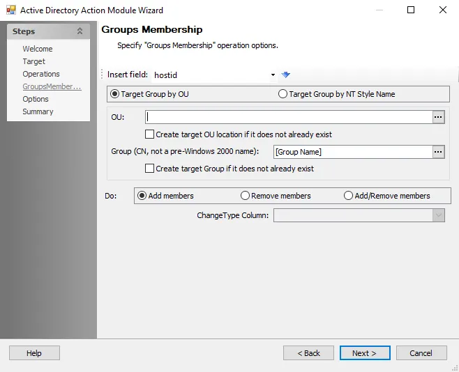 AD Action Module Wizard Groups Membership page