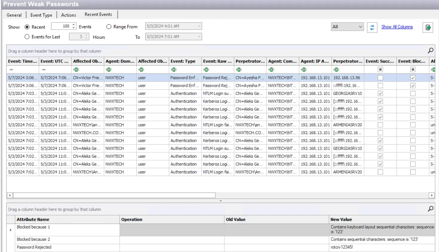 Recent Events Tab for weak password prevent