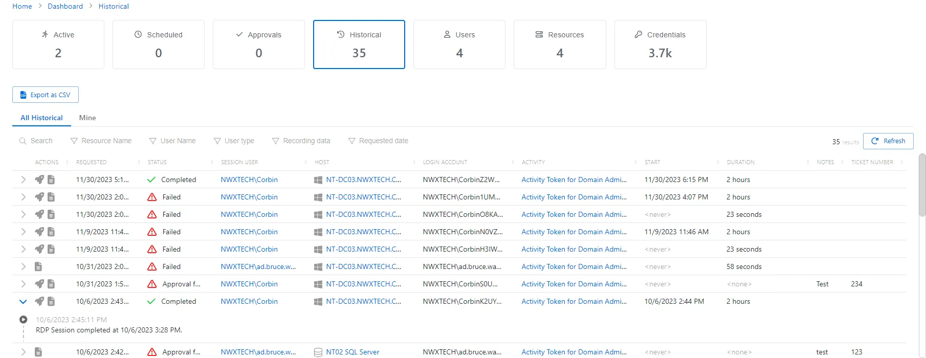 Historical dashboard showing available recordings