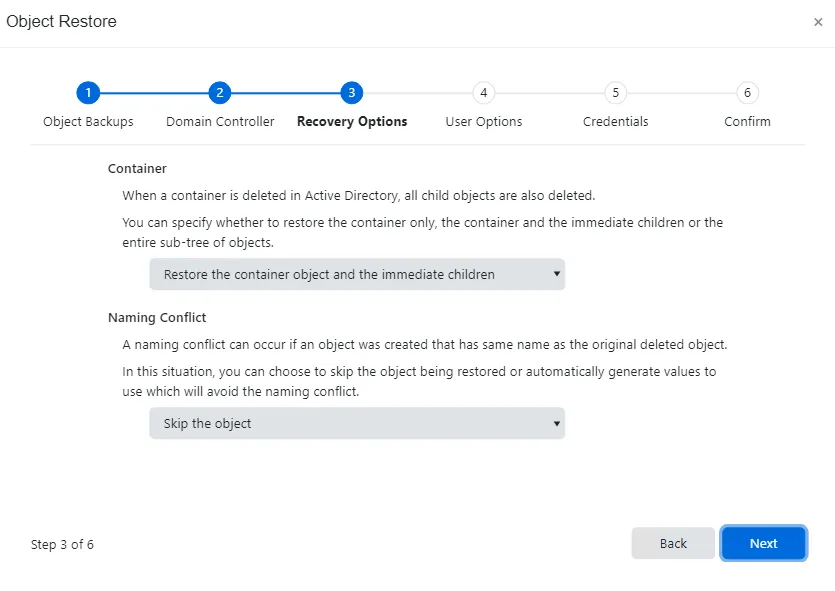 Object Restore wizard - Recovery Options page
