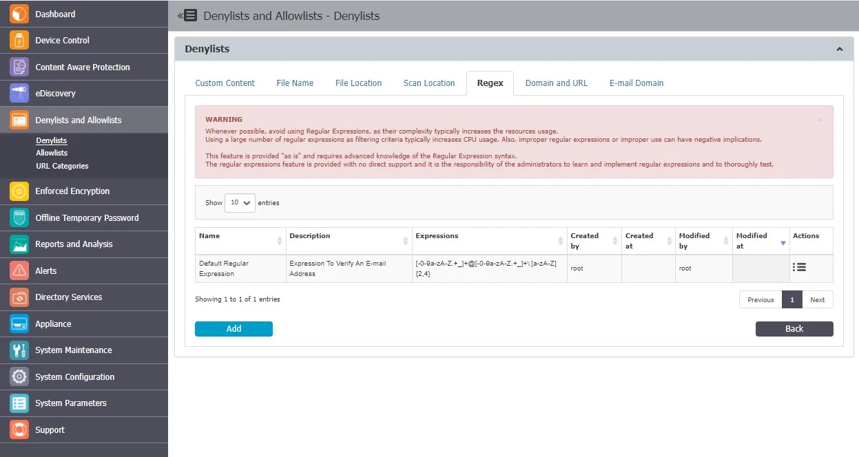 You can view and add regex expressions and from the Actions column