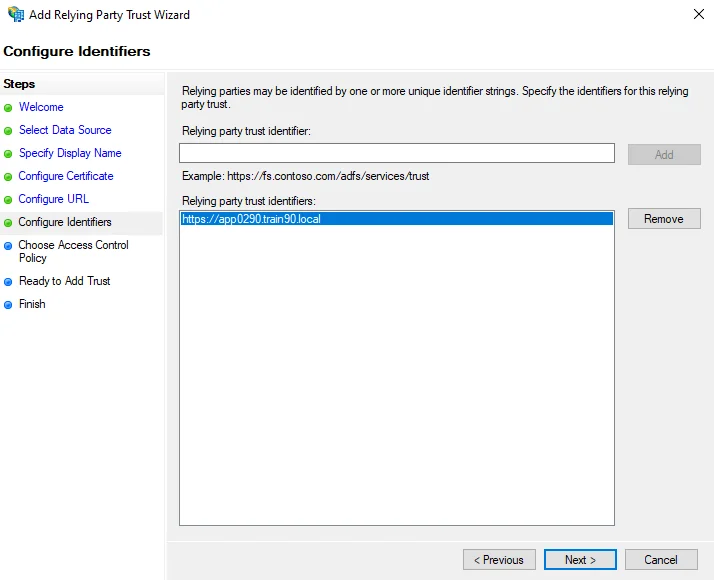 Identifier added on the Configure Identifiers page