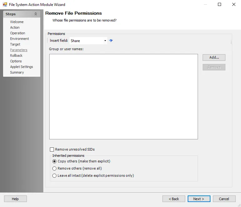 File System Action Module Wizard Remove File Permissions Parameters page