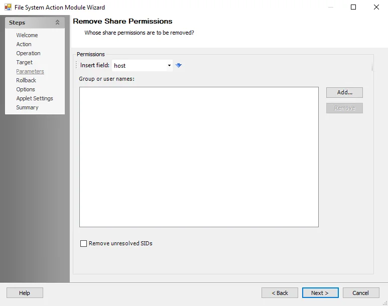 File System Action Module Wizard Remove Share Permissions Parameters page