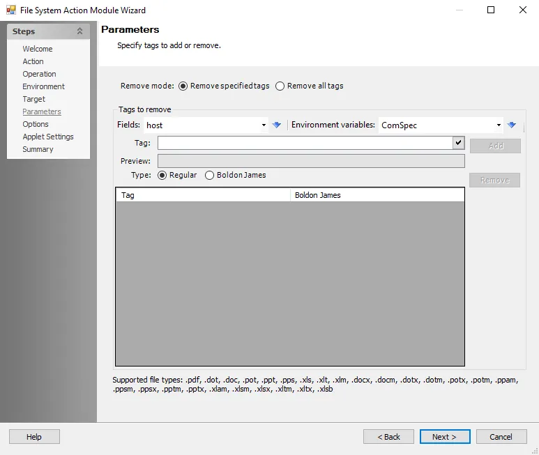 File System Action Module Wizard Remove Tags Parameters page
