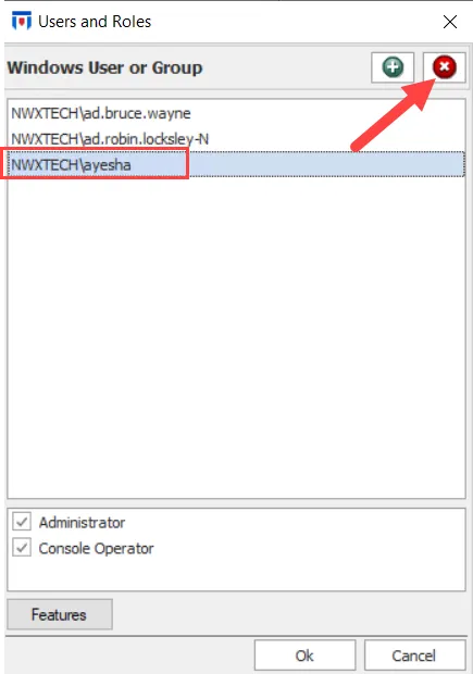 Remove User button on the Users and Groups window