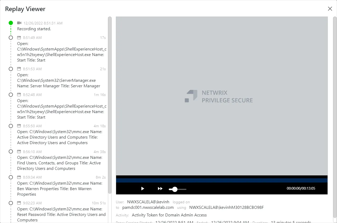Replay Viewer window for an RDP session