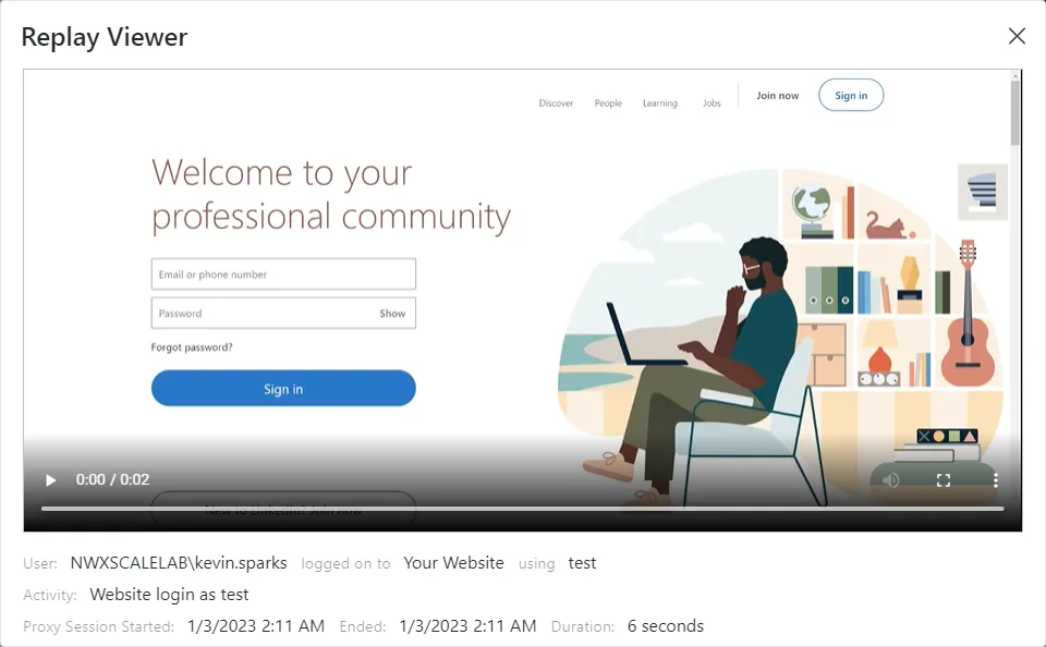 Replay Viewer window for a Website host session