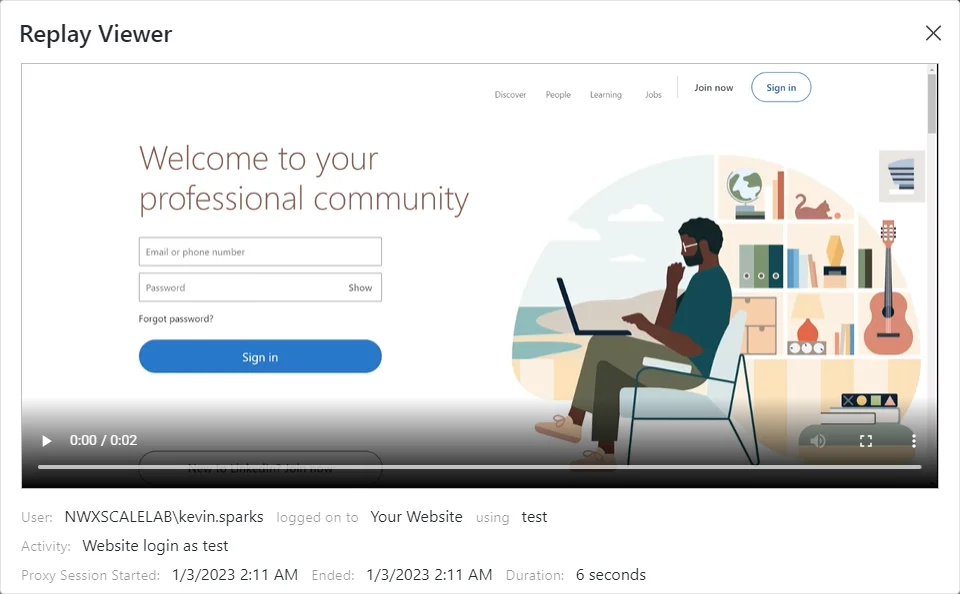 Replay Viewer window for a Website host session