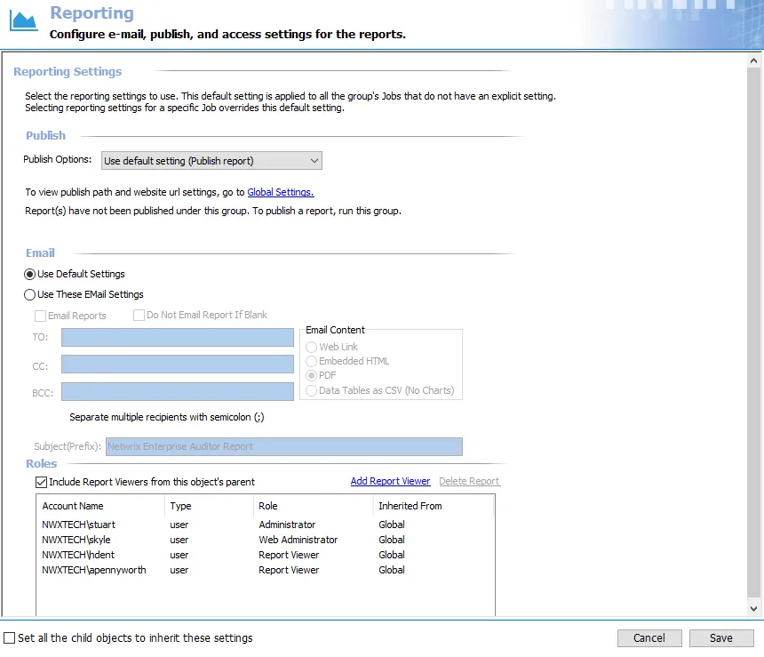 Job Group Reporting Settings page