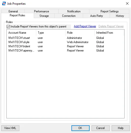 Report Roles tab of Job Properties