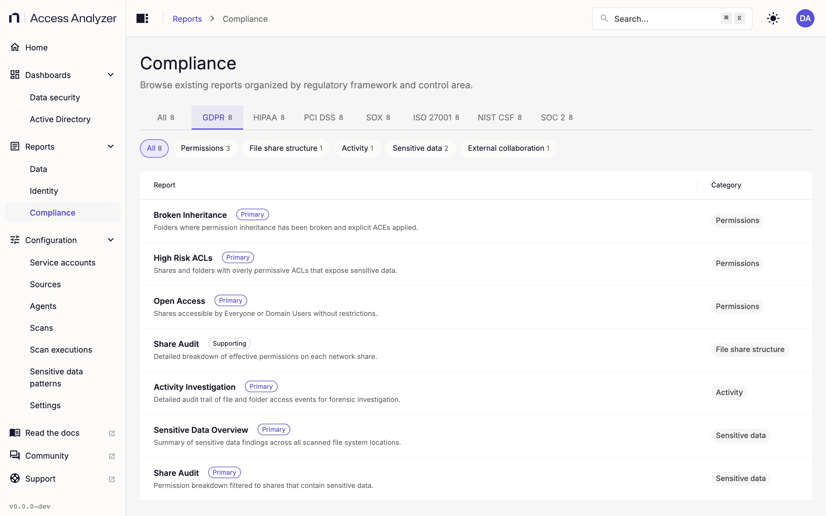 Compliance reports list filtered to GDPR