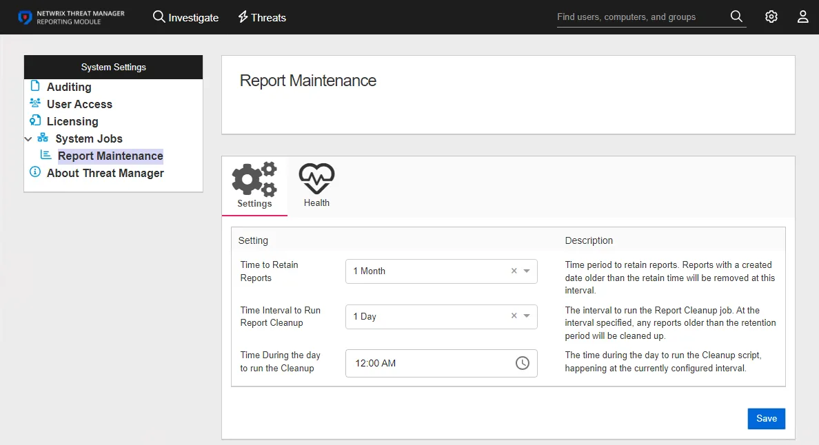 System Settings interface on the System Jobs page showing the Report Maintenance job Settings tab