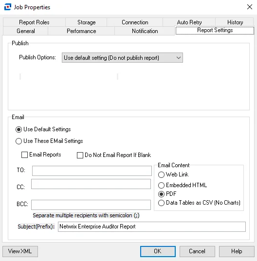 Report Settings tab of Job Properties