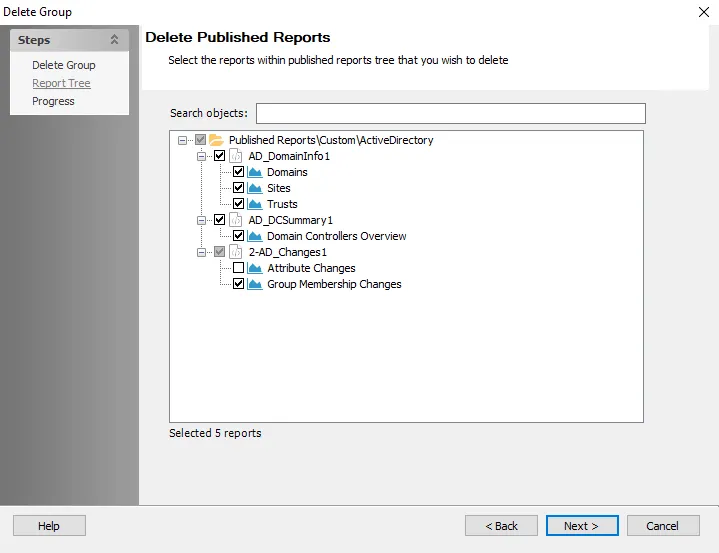 Delete Published Reports wizard page