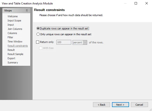View and Table Creation Analysis Module wizard Result constraints page