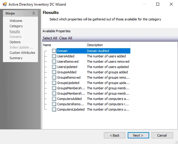 Active Directory Data Collector Wizard Results page