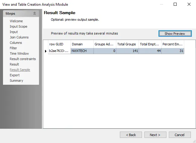 View and Table Creation Analysis Module wizard Result Sample page