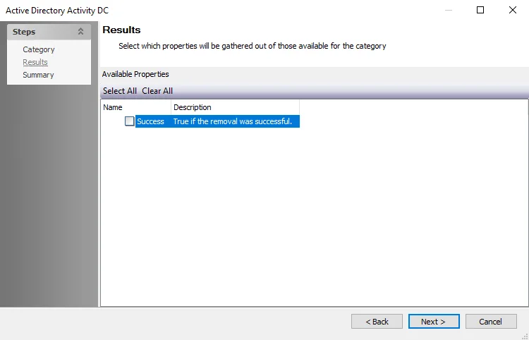Active Directory Activity DC wizard Results page for Remove Tables category