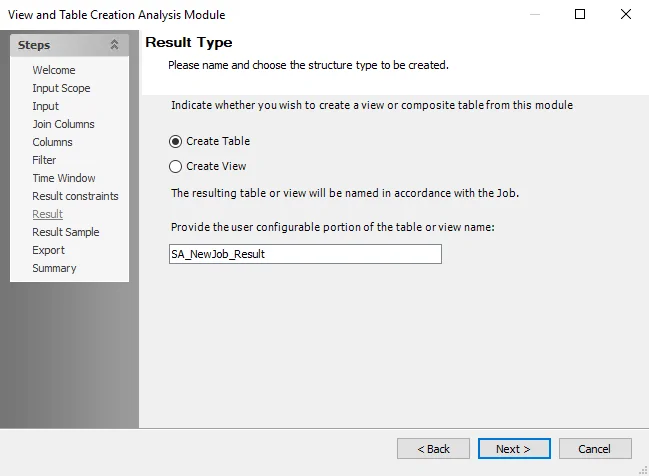 View and Table Creation Analysis Module wizard Result Type page
