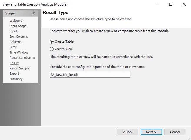 View and Table Creation Analysis Module wizard Result Type page