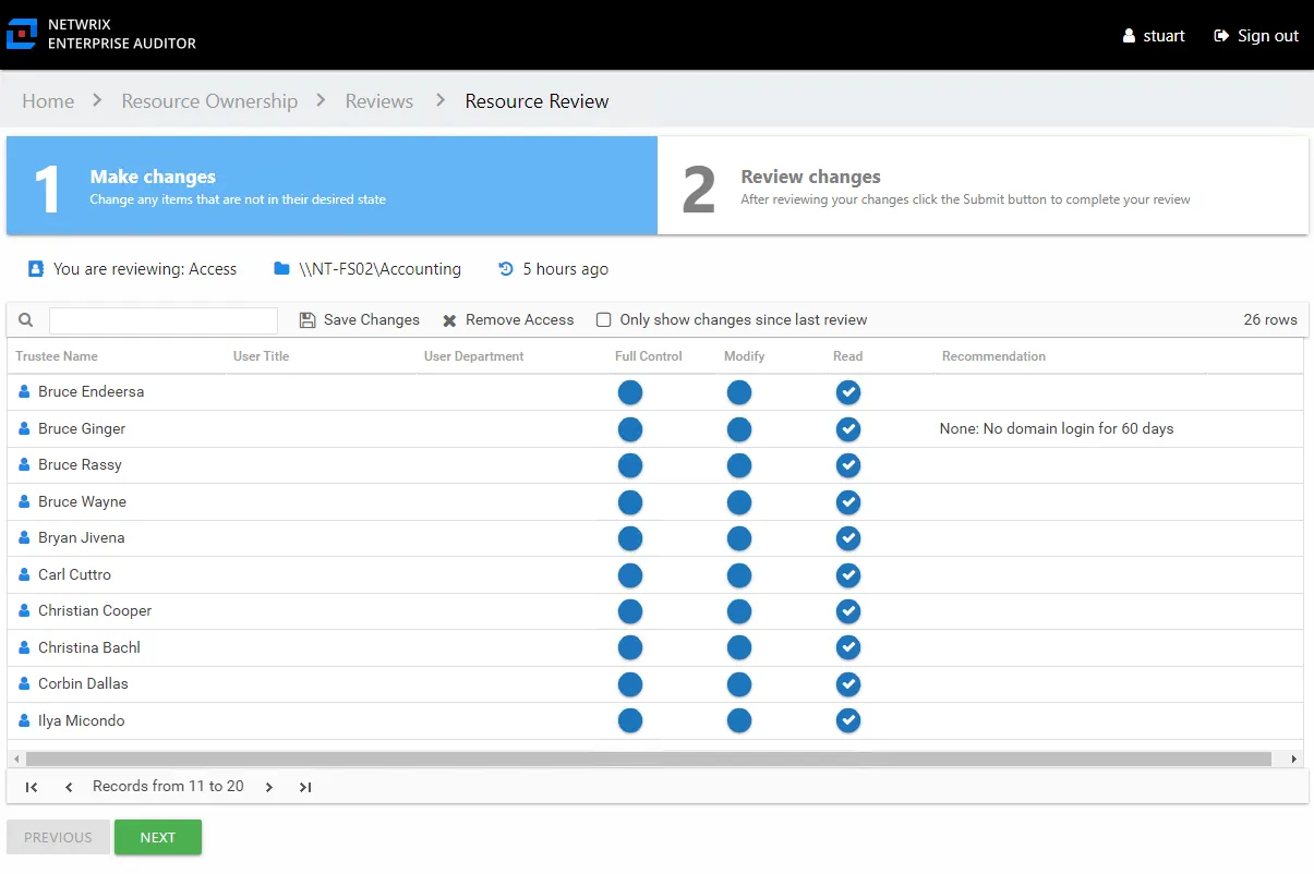 Resource Reviews page showing the 1 Make changes tab