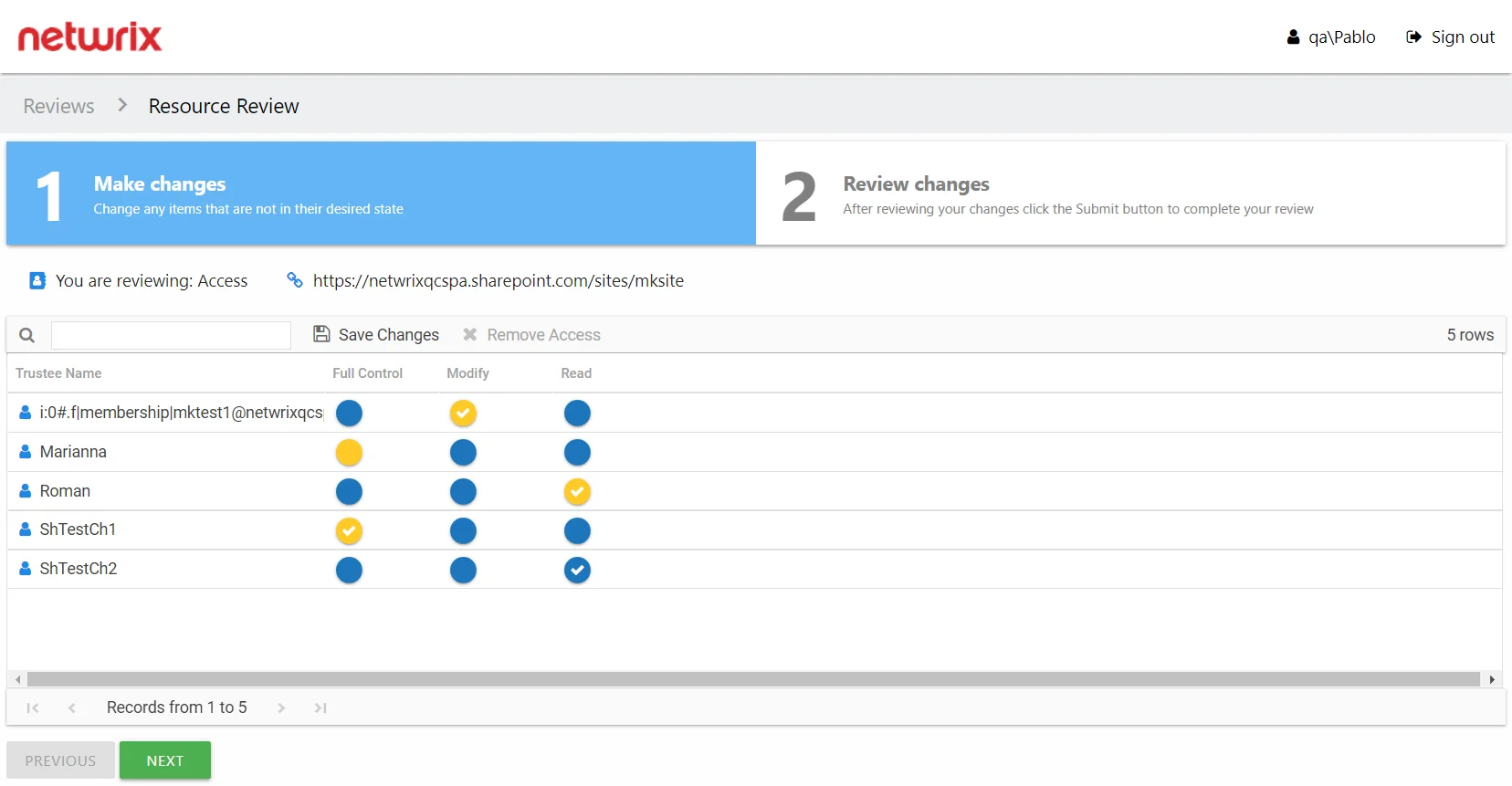 Resource Reviews page showing the 1 Make changes tab