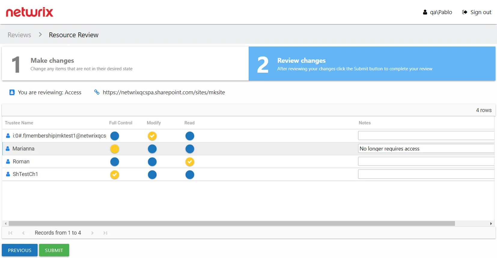 Resource Reviews page showing an Access Review on 2 Review changes tab