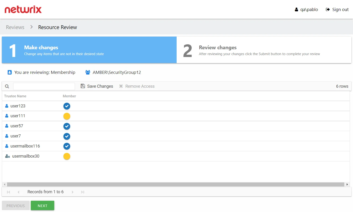 Resource Reviews page showing a Membership Review on 1 Make changes tab