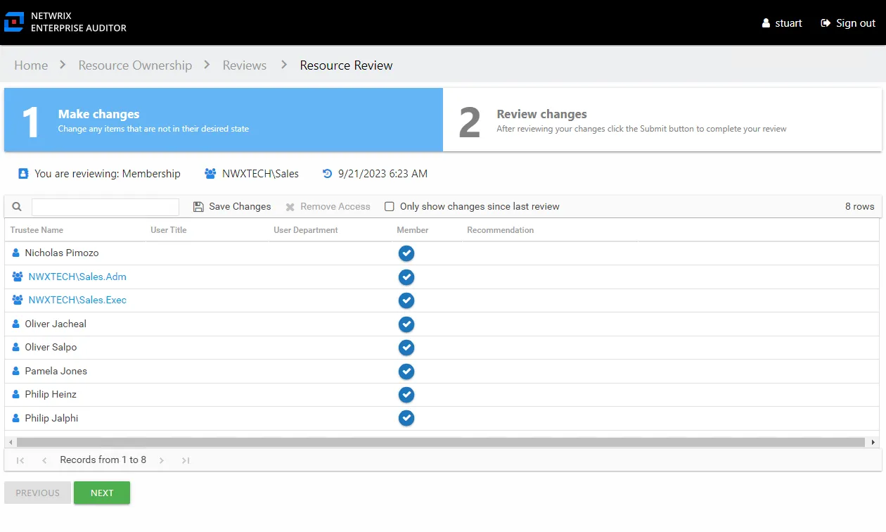 Resource Reviews page showing a Membership Review on 1 Make changes tab