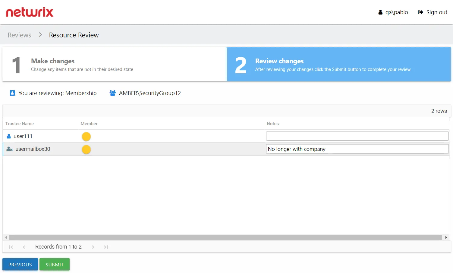 Resource Reviews page showing a Membership Review on 2 Review changes tab