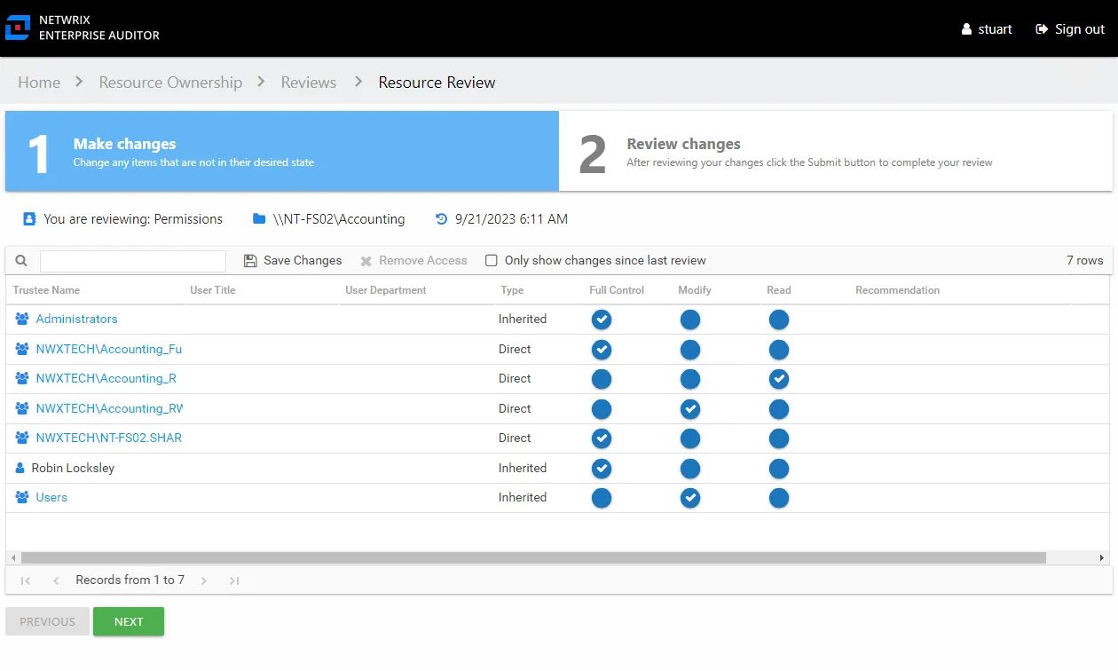 Permissions review Make changes tab
