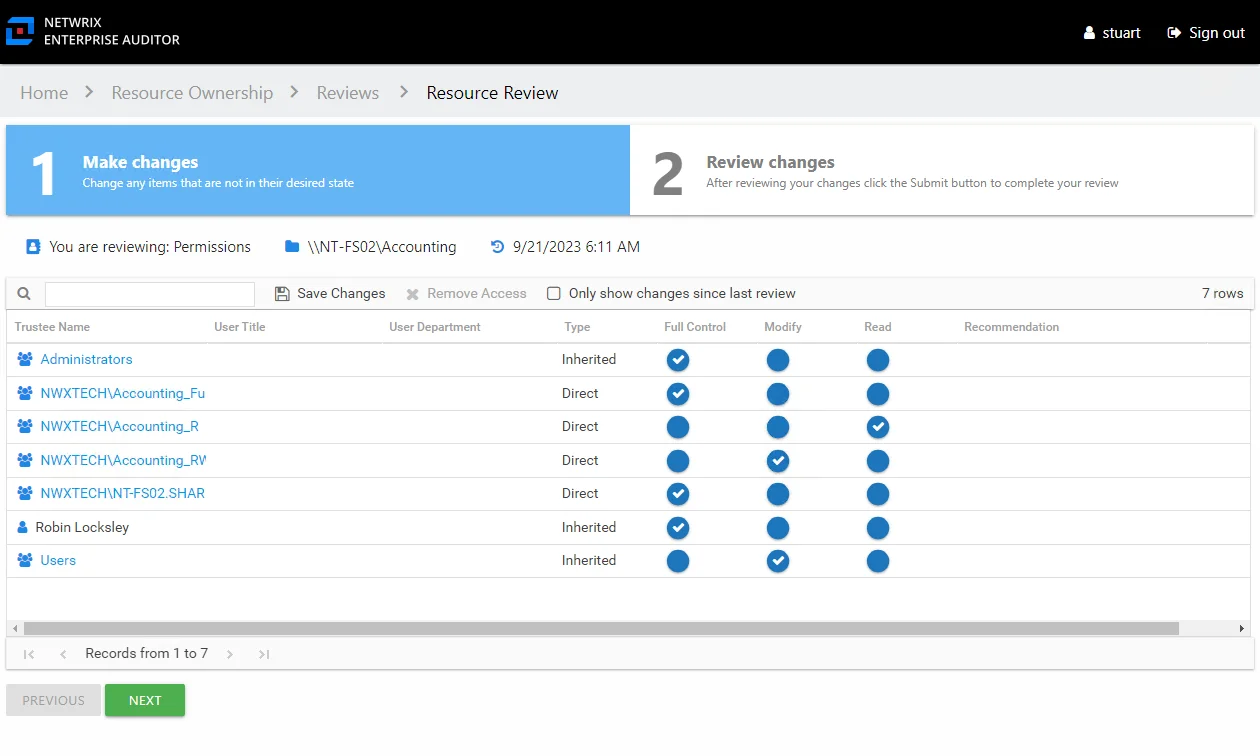 Permissions review Make changes tab