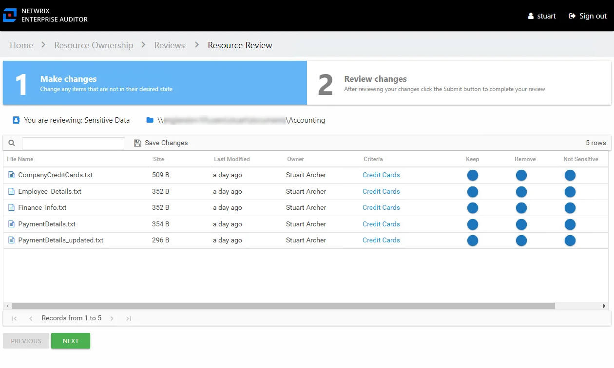 Sensitive Data Resource Review Make changes page