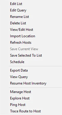 Query created host list right-click menu