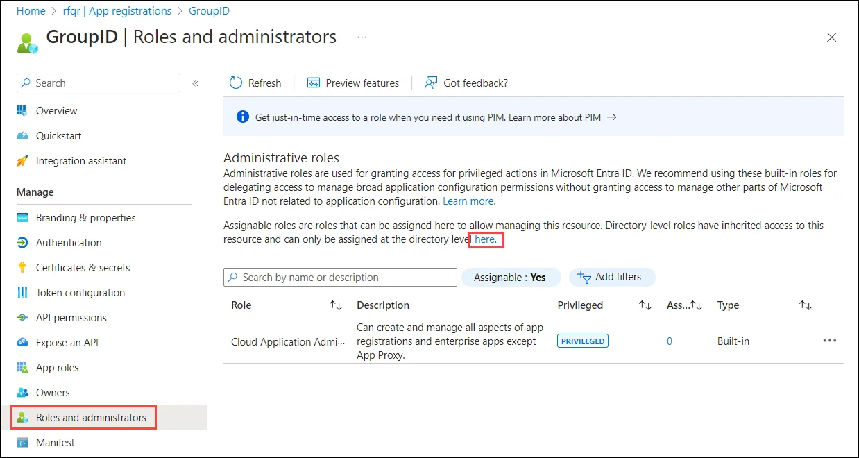 Roles and Administration page