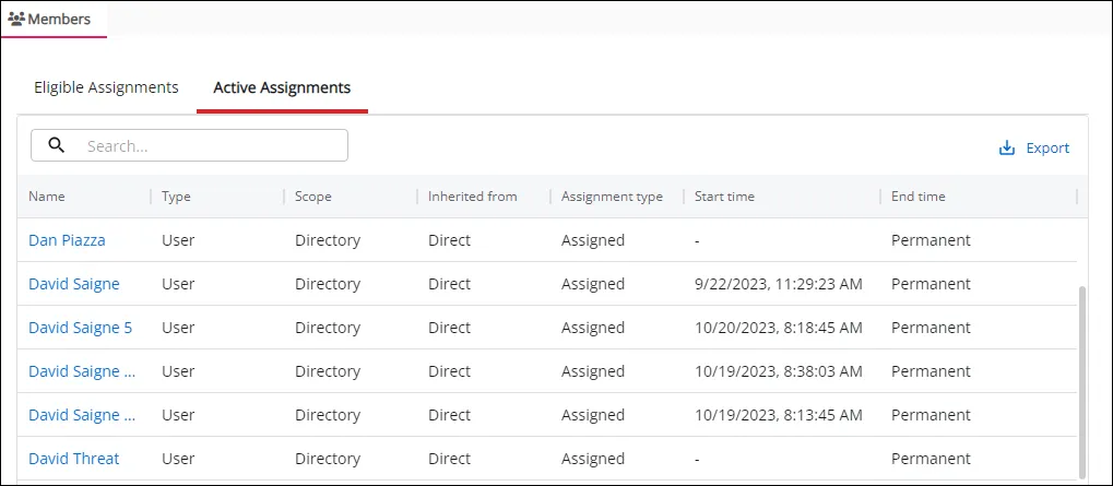 Role Members Tab Active Assignement Page