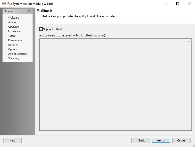 File System Action Module Wizard Rollback page