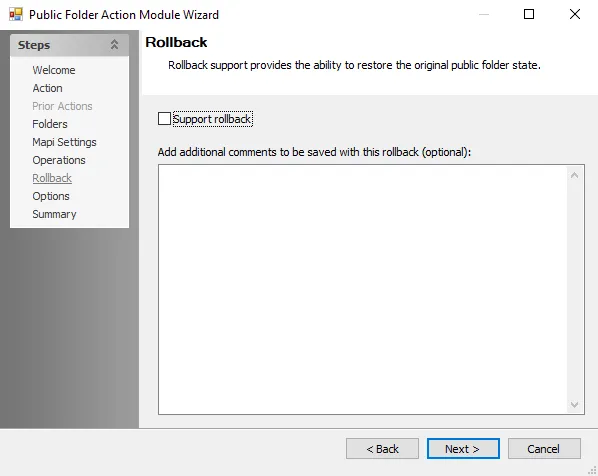 Public Folder Action Module Wizard Rollback page