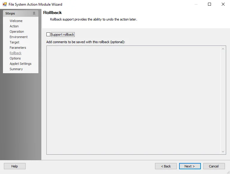Public Folder Action Module Wizard Rollback page