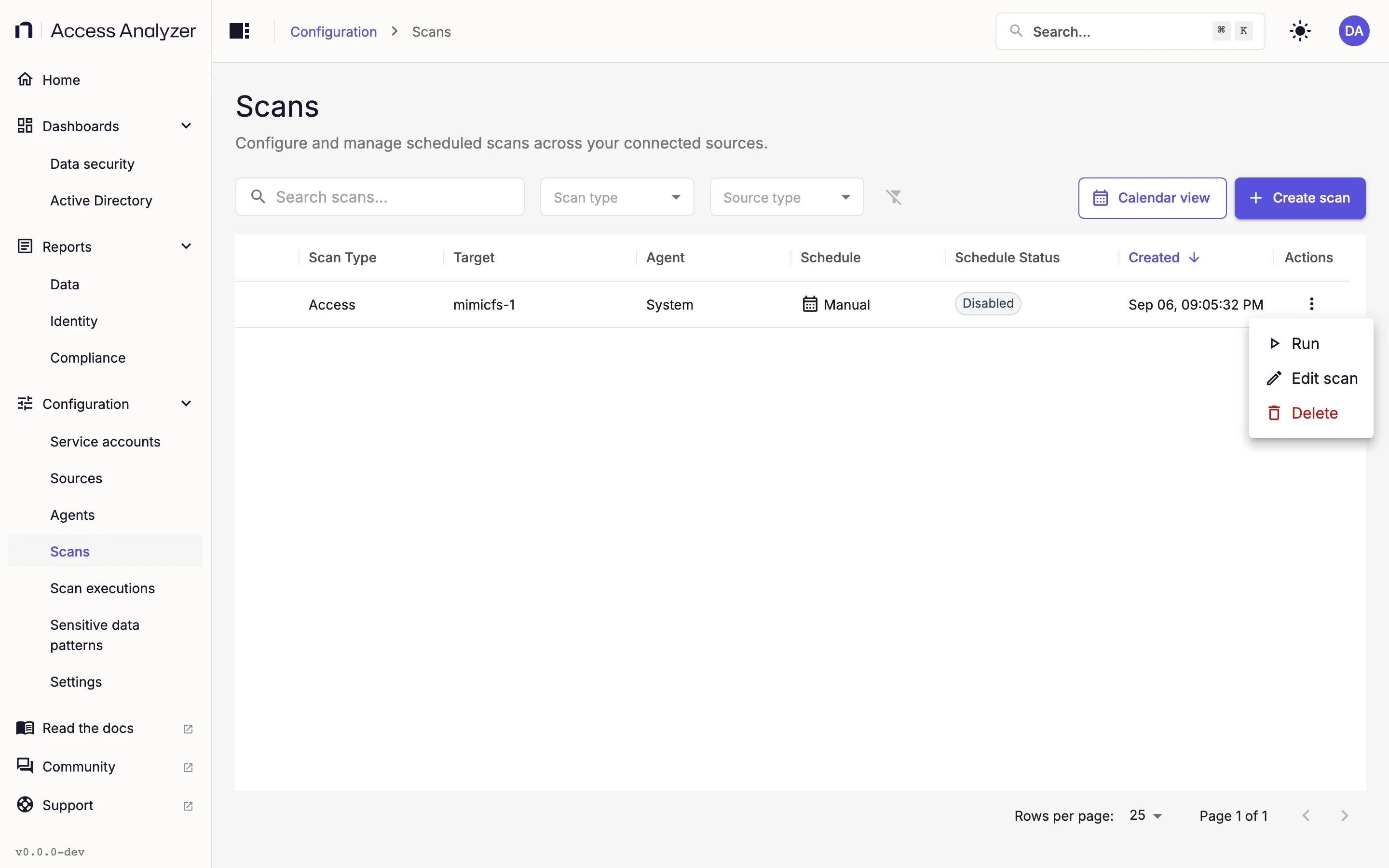 Scan row actions menu with Run, Edit scan, and Delete