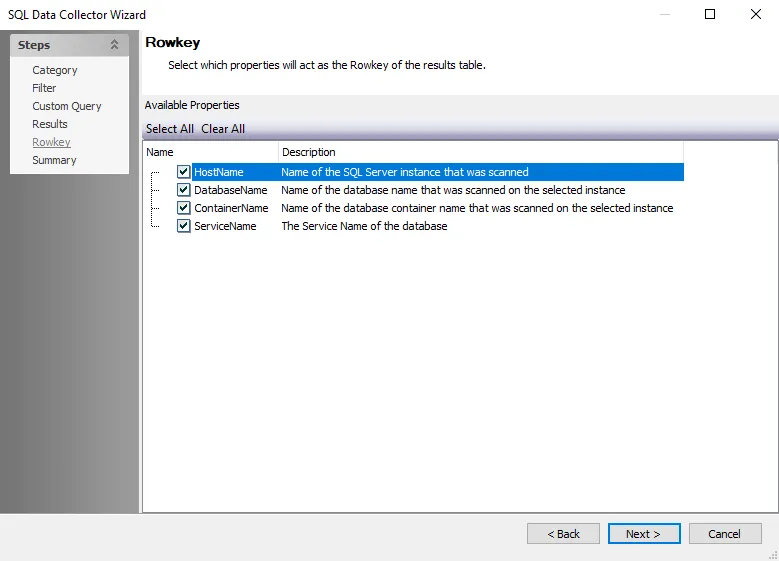 SQL Data Collector Wizard Rowkey Page